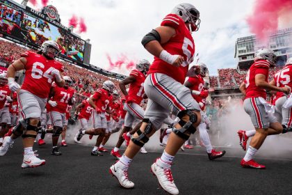 The Ohio State Buckeyes run onto the field at Ohio Stadium in Columbus, before the start of a game in September 2023.