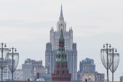 The Russian Foreign Ministry headquarters next to a tower of the Kremlin in Moscow in 2023.