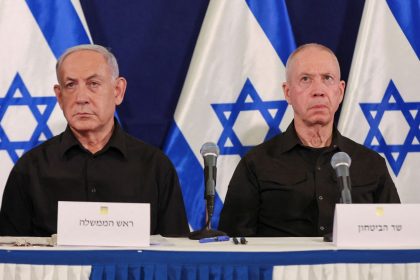 Israeli Prime Minister Benjamin Netanyahu and Defense Minister Yoav Gallant at a press conference in Tel Aviv on October 28, 2023.