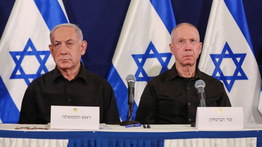 Israeli Prime Minister Benjamin Netanyahu and Defense Minister Yoav Gallant at a press conference in Tel Aviv on October 28, 2023.