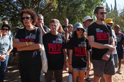 Mourners attend the funeral of Yagev Buchshtab, one of the six hostages whose bodies were retrieved from Gazan and brought to Israel in a military operation, in Kibbutz Nirim, southern Israel, on Wednesday.