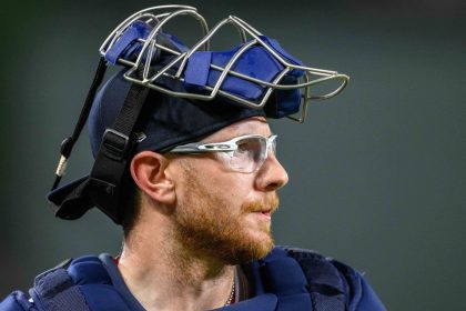 Boston Red Sox catcher Danny Jansen looks on prior to the game between the Red Sox and the Baltimore Orioles at Oriole Park at Camden Yards on August 17, 2024.