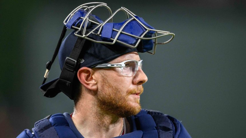 Boston Red Sox catcher Danny Jansen looks on prior to the game between the Red Sox and the Baltimore Orioles at Oriole Park at Camden Yards on August 17, 2024.