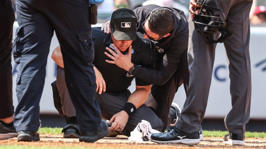 A medical staff member from the New York Yankees checks umpire Nick Mahrley after a broken bat hit him in the fifth inning of a game at Yankee Stadium on Sunday.