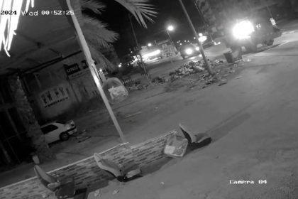 In this closed-circuit television footage obtained from social media, Israeli military vehicles travel along a road as they operate in Jenin, in the Israeli-occupied West Bank, on August 28, 2024.