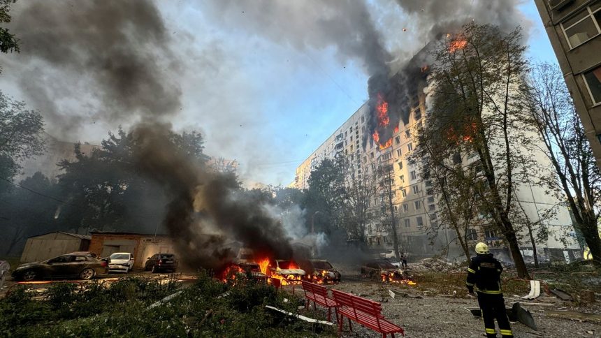 82 apartment buildings were damaged when Kharkiv was struck with five guided aerial bombs on Friday, Ukrainian authorities said.