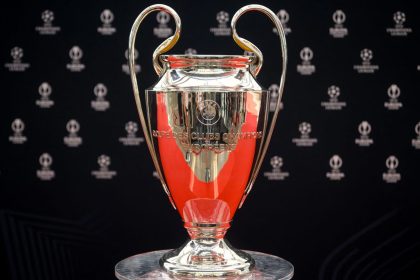 This photograph taken on August 31, 2023, shows the UEFA Champions League football trophy cup during the ceremony for the draw of the UEFA Champions League football tournament 2023-2024 at The Grimaldi Forum in the Principality of Monaco. (Photo by NICOLAS TUCAT / AFP) (Photo by NICOLAS TUCAT/AFP via Getty Images)