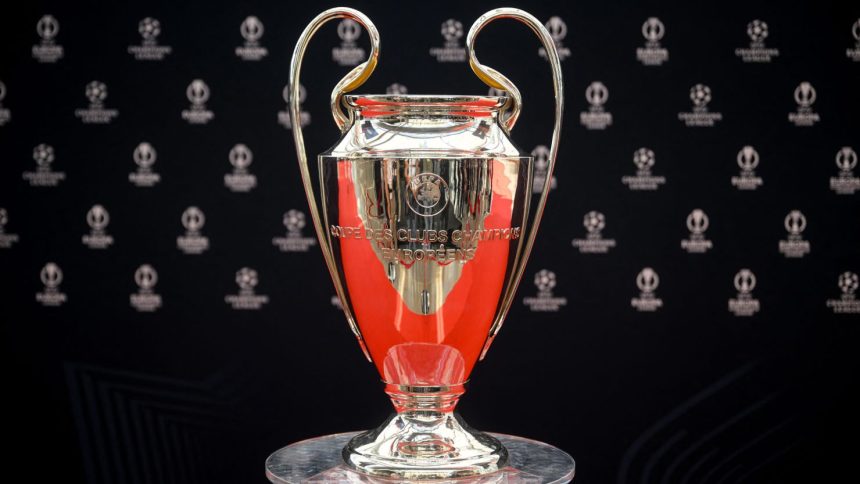 This photograph taken on August 31, 2023, shows the UEFA Champions League football trophy cup during the ceremony for the draw of the UEFA Champions League football tournament 2023-2024 at The Grimaldi Forum in the Principality of Monaco. (Photo by NICOLAS TUCAT / AFP) (Photo by NICOLAS TUCAT/AFP via Getty Images)