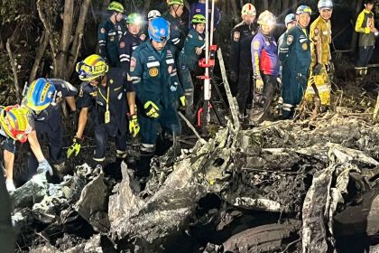 A rescue team works at a site of a small aircraft crash in Chachoengsao province, Thailand, on August 22, 2024.