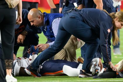 Chicago Bears safety Douglas Coleman III is treated on the field after being injured during a game against the Kansas City Chiefs on Thursday in Kansas City.