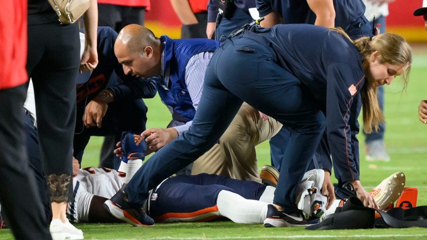 Chicago Bears safety Douglas Coleman III is treated on the field after being injured during a game against the Kansas City Chiefs on Thursday in Kansas City.