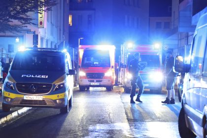 Police and ambulances near the scene where people were killed and injured in an attack at a festival in Solingen, western Germany, the German dpa news agency reported, August 23, 2024.