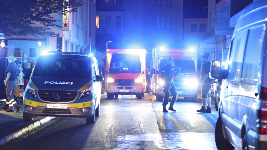 Police and ambulances near the scene where people were killed and injured in an attack at a festival in Solingen, western Germany, the German dpa news agency reported, August 23, 2024.