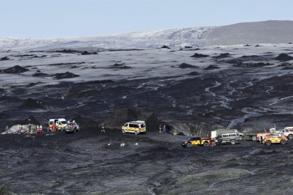 Rescue teams at the scene after an ice cave partially collapsed at the Breidamerkurjokull glacier, in southeastern Iceland, on August 26, 2024.