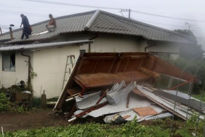 A house is seen damaged as Typhoon Shanshan approaches Miyazaki, in Miyazaki prefecture, western Japan, on August 28, 2024.