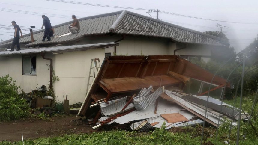 A house is seen damaged as Typhoon Shanshan approaches Miyazaki, in Miyazaki prefecture, western Japan, on August 28, 2024.