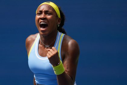 Coco Gauff reacts after winning a point against Elina Svitolina at the US Open.