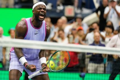 American Frances Tiafoe reacts after defeating compatriot Ben Shelton during the third round of the US Open on Friday.