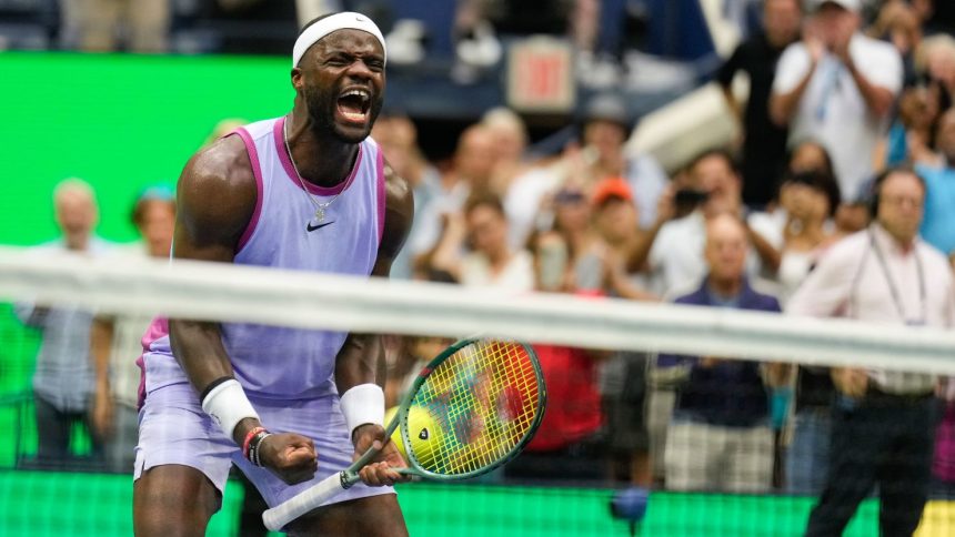 American Frances Tiafoe reacts after defeating compatriot Ben Shelton during the third round of the US Open on Friday.