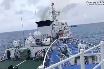 In this image provided by the Philippine Coast Guard, a Chinese Coast Guard ship, right, and the Philippine vessel BRP Teresa Magbanua collide near Sabina Shoal in the disputed South China Sea on Aug. 31, 2024.