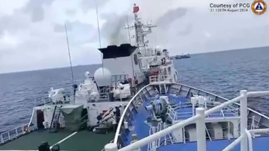 In this image provided by the Philippine Coast Guard, a Chinese Coast Guard ship, right, and the Philippine vessel BRP Teresa Magbanua collide near Sabina Shoal in the disputed South China Sea on Aug. 31, 2024.