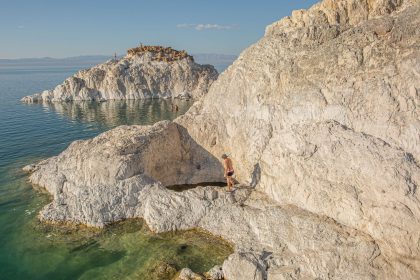 Khetsuu Khad juts out of the waters of Mongolia's Khyargas Lake.