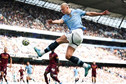 Erling Haaland of Manchester City in action during the Premier League match between Manchester City FC and Ipswich Town FC at Etihad Stadium on August 24 in Manchester, England.