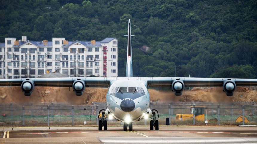 A Y-9 transport aircraft arrives at Zhuhai Air Show Center on November 3, 2022, in Zhuhai, Guangdong province of China.