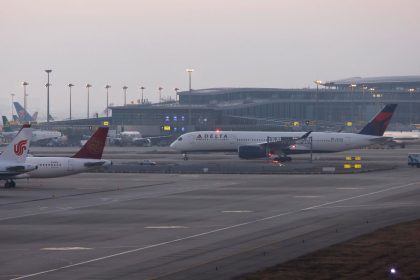 A Delta Airlines flight arrives at Shanghai Pudong International Airport on January 8, 2023 in Shanghai, China.