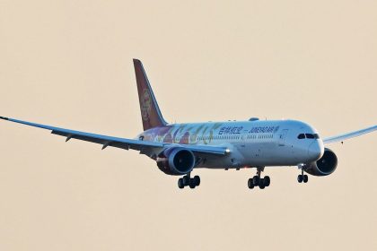 A Juneyao Airlines plane prepares to land at Shanghai Pudong International Airport on December 22, 2023.