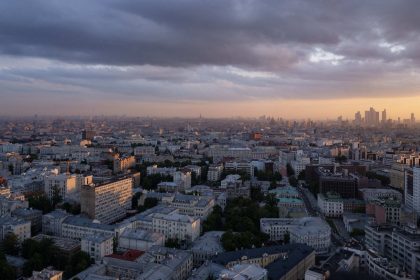 This photograph taken on May 26, 2024, shows a view of the Russian capital of Moscow at sunset.