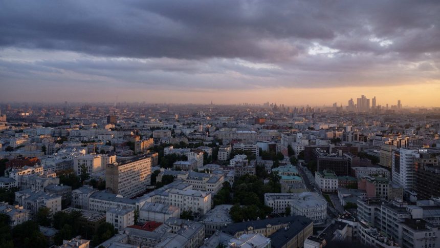 This photograph taken on May 26, 2024, shows a view of the Russian capital of Moscow at sunset.