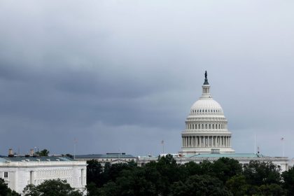 Rain clouds hang over the US Capitol Building on August 9, 2024 in Washington, DC.