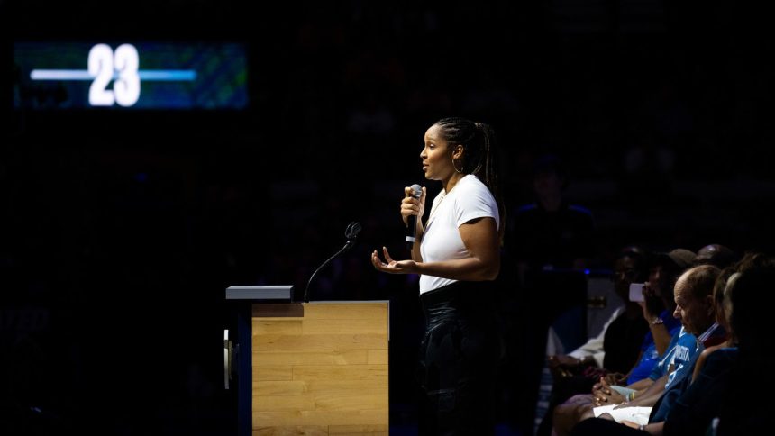 Former Minnesota Lynx player Maya Moore speaks during a jersey retirement ceremony after the game between the Minnesota Lynx and Indiana Fever at Target Center in Minneapolis, Minnesota on August 24, 2024.