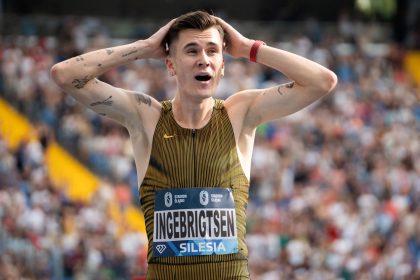 Ingebrigtsen reacts to breaking the 3,000-meter world record.