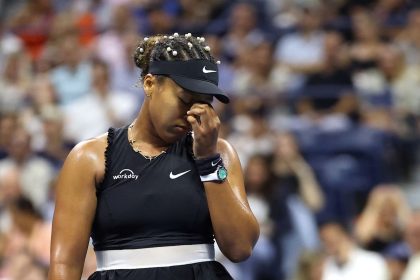 TOPSHOT - Japan's Naomi Osaka reacts during her women's singles second round tennis match against Czech Republic's Karolina Muchova on day four of the US Open tennis tournament at the USTA Billie Jean King National Tennis Center in New York City, on August 29, 2024. (Photo by CHARLY TRIBALLEAU / AFP) (Photo by CHARLY TRIBALLEAU/AFP via Getty Images)