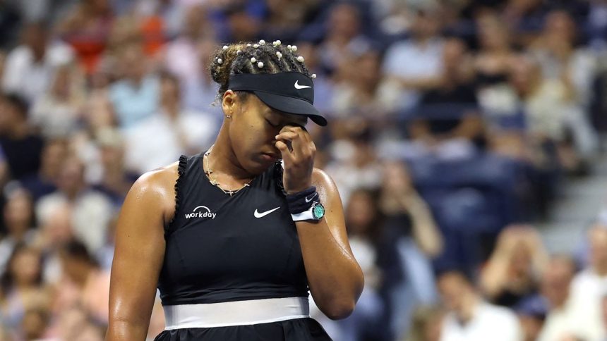 TOPSHOT - Japan's Naomi Osaka reacts during her women's singles second round tennis match against Czech Republic's Karolina Muchova on day four of the US Open tennis tournament at the USTA Billie Jean King National Tennis Center in New York City, on August 29, 2024. (Photo by CHARLY TRIBALLEAU / AFP) (Photo by CHARLY TRIBALLEAU/AFP via Getty Images)