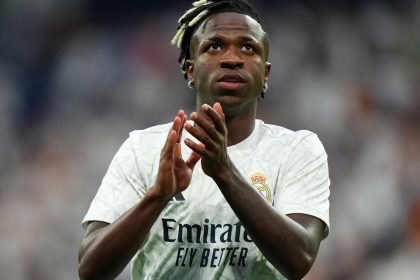 MADRID, SPAIN - AUGUST 25: Vinicius Junior of Real Madrid looks on prior to the La Liga match between Real Madrid CF and Real Valladolid CF at Estadio Santiago Bernabeu on August 25, 2024 in Madrid, Spain. (Photo by Angel Martinez/Getty Images)