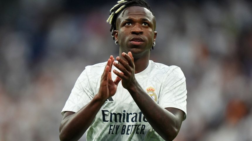 MADRID, SPAIN - AUGUST 25: Vinicius Junior of Real Madrid looks on prior to the La Liga match between Real Madrid CF and Real Valladolid CF at Estadio Santiago Bernabeu on August 25, 2024 in Madrid, Spain. (Photo by Angel Martinez/Getty Images)