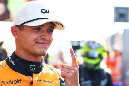 Lando Norris celebrates after his win.