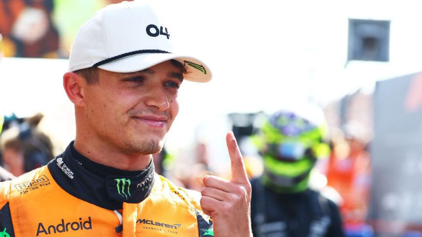 Lando Norris celebrates after his win.