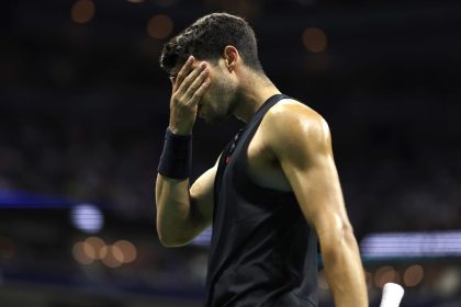 Carlos Alcaraz of Spain reacts after a point against Botic van de Zandschulp of the Netherlands during their match on day four of the 2024 US Open in Flushing, New York, on August 29, 2024.