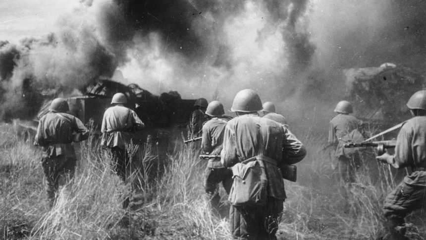 Soviet infantry in combat during the Battle of Kursk in 1943 in Russia. It was World War II battle between German and Soviet forces on the Eastern Front fought from July 5 till August 23, 1943.