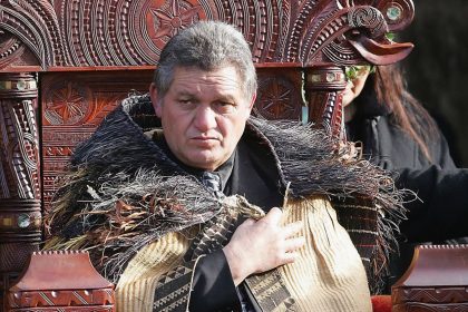 Māori King Tuheitia sits on the throne at his coronation at Turangawaeware Marae on August 21, 2006 in Ngaruawahia, New Zealand.