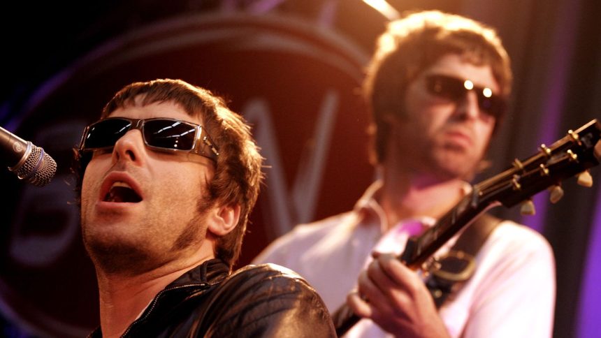 Oasis frontmen Liam Gallagher and Noel Gallagher performing in a 2005 photo.