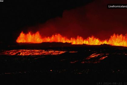 A still from a video shows a volcano erupting in southwestern Iceland on Thursday, August 22.