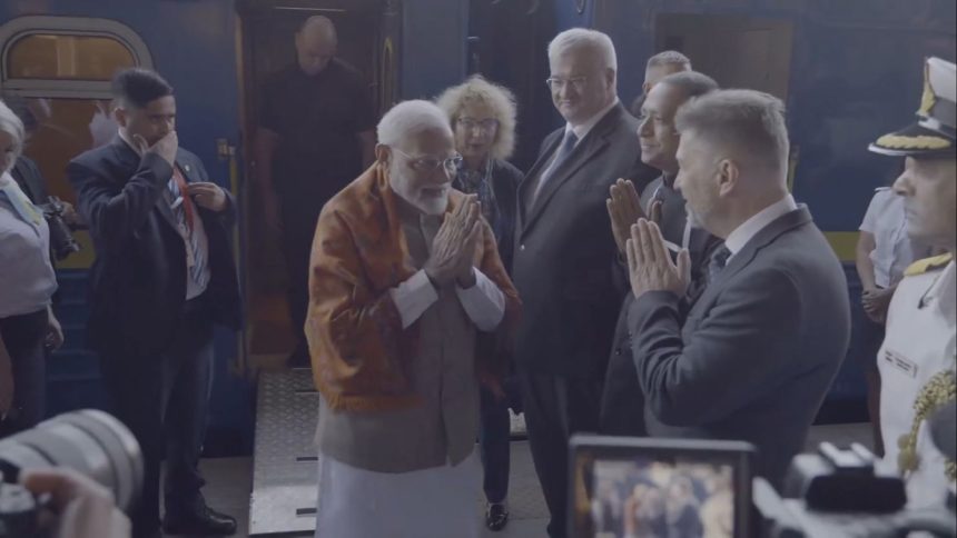 Indian Prime Minister Narendra Modi arrives in Kyiv by train on August 23.