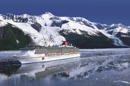 The Carnival Spirit cruise ship, photographed here sailing Alaska, recently collided with an iceberg near the city of Juneau.