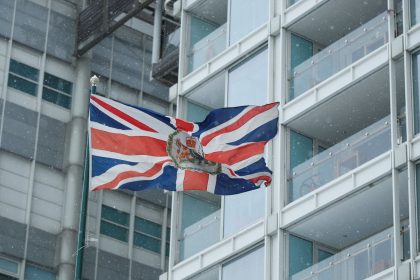 The British flag flies in front of the British embassy building in Moscow, Russia, on March 15, 2018.