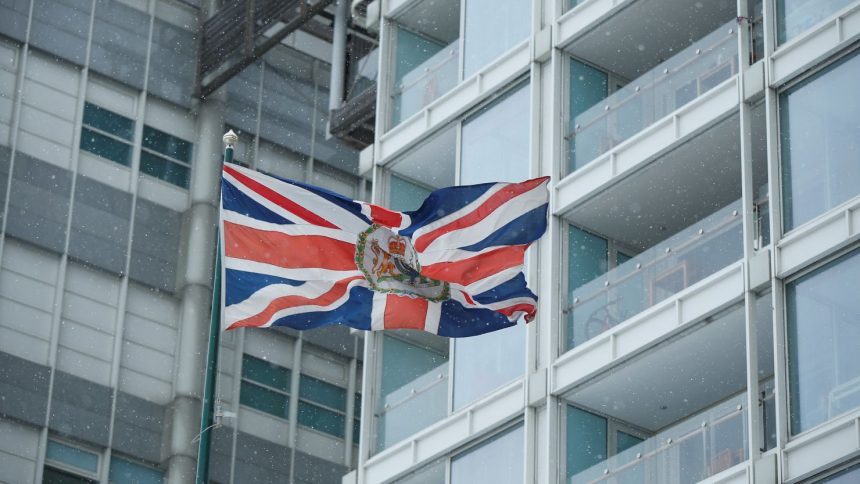 The British flag flies in front of the British embassy building in Moscow, Russia, on March 15, 2018.